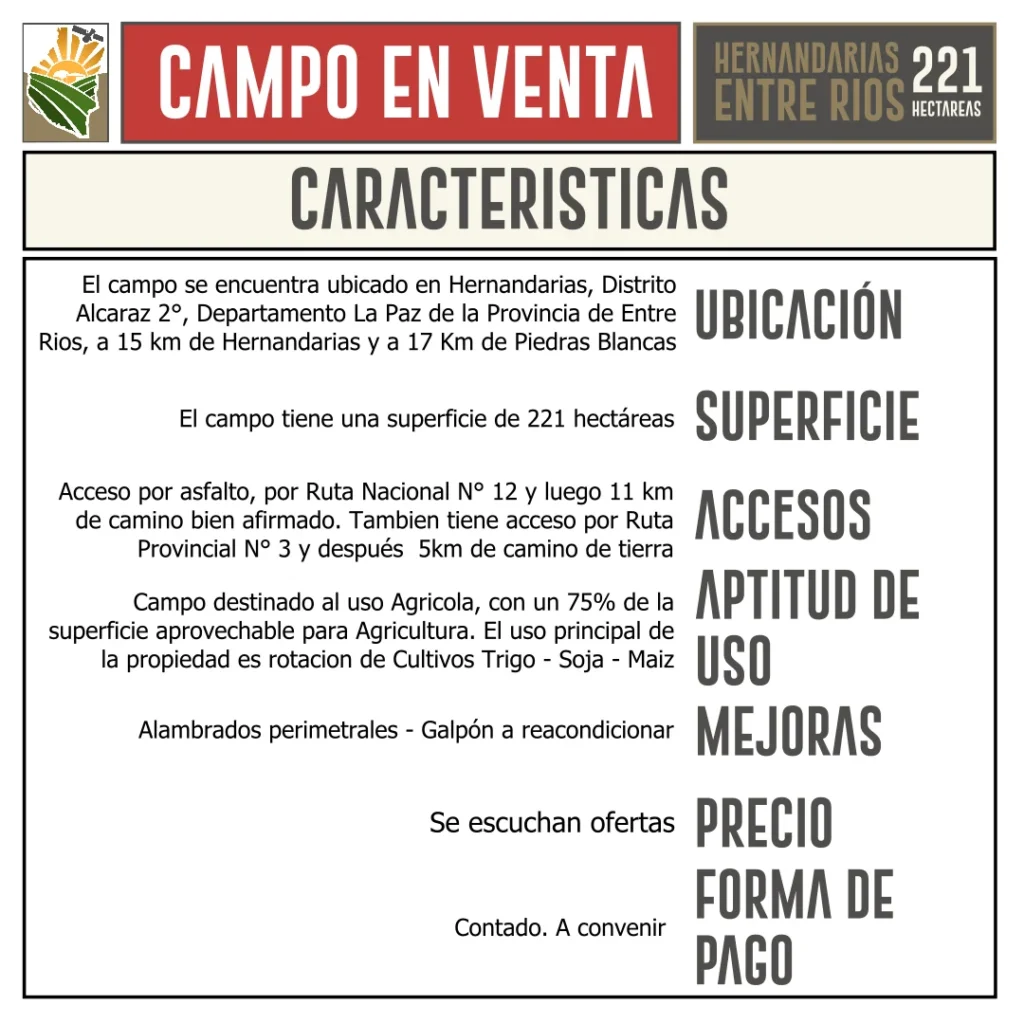Campo AGRICOLA en Venta. 221 ha. Hernandarias, La Paz, Entre Rios